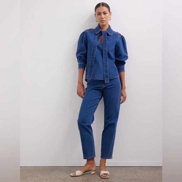 SEE BY CHLOE Tie-Neck Shirt Denim Jeans Blouse Top Preppy Puff Sleeve US 8 - Picture 3 of 16